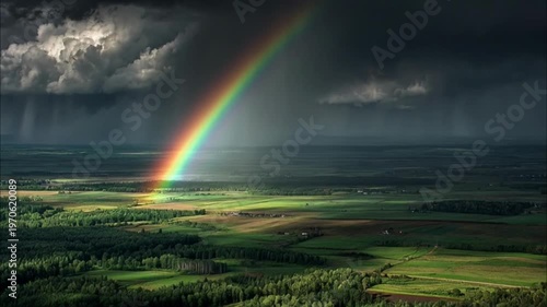 Rainbow over green landscape with clouds.
