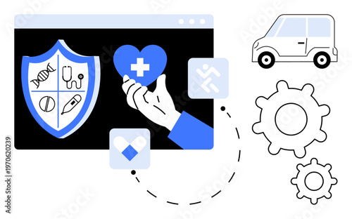 Health insurance, digital services, automotive safety, medical coverage, online platforms, innovative technology. Visual includes shield with icons, heart in hand car and gears. Health insurance
