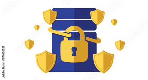 A blue server rack is secured with a large golden padlock and surrounded by multiple golden shields, symbolizing data protection and cybersecurity.