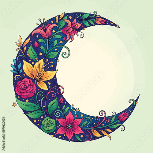 Colorful floral crescent moon design element.