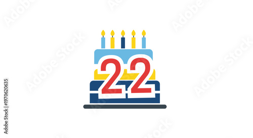 22nd Birthday Celebration Cake Vector Illustration Featuring Number Twenty Two Candles and Festive Party Decorations for Milestone Anniversary Event Design