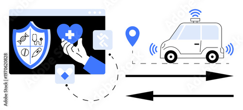 Digital healthcare, autonomous vehicles, telemedicine, smart technology, data transfer, mobility solutions. A hand holding a heart icon next to a shield, and a driverless car. Digital healthcare