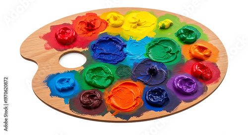 Wooden artist palette with vibrant paint blobs isolated on transparent background