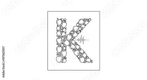 Letter K formed by apples with sound wave icon, creative typography, healthy food concept