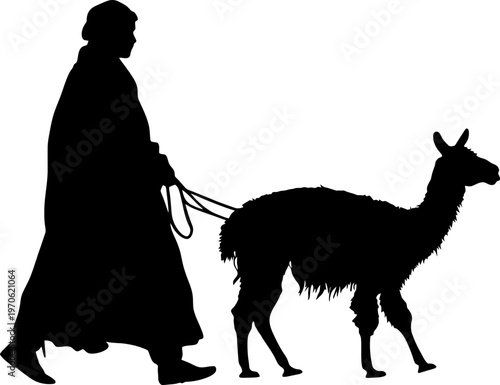Silhouette of an Indigenous Person Herding a Llama or Alpaca in Traditional Clothing