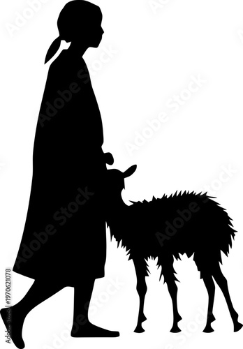 Silhouette of an Indigenous Person Herding a Llama or Alpaca in Traditional Clothing