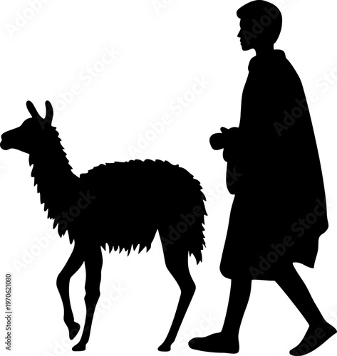 Silhouette of an Indigenous Person Herding a Llama or Alpaca in Traditional Clothing