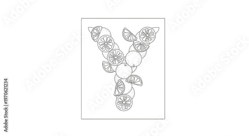 Letter Y Made of Citrus Fruits: Oranges and Lemons, Outline Style