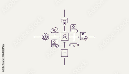 Conceptual illustration of business process, data flow, and digital transformation.