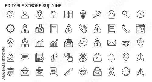 Collection of Editable Stroke Outline Icons for Business and Technology.