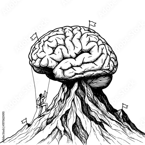 Hand-drawn illustration of a person climbing a mountain made of brain and roots, symbolizing the challenging journey of knowledge, personal growth, and overcoming intellectual obstacles to achieve suc