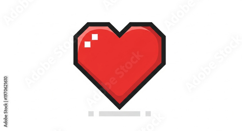 Pixelated Red Heart with Black Outline and White Highlights.