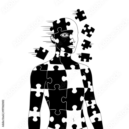 Fragmented Identity: Conceptual illustration of a human figure with puzzle pieces detaching from the head, symbolizing mental health, self-discovery, or confusion.
