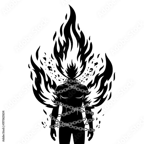 Burning Soul Chained: Powerful Abstract Vector Art Symbolizing Inner Turmoil, Emotional Confinement, and Unyielding Spirit