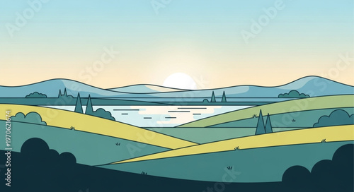 Serene Landscape Illustration with Rolling Hills and Distant Mountains.