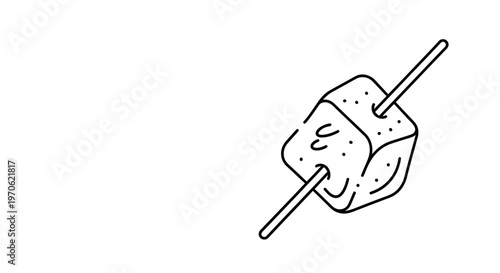 Hand-drawn marshmallow on a stick, simple line art illustration, isolated on white background