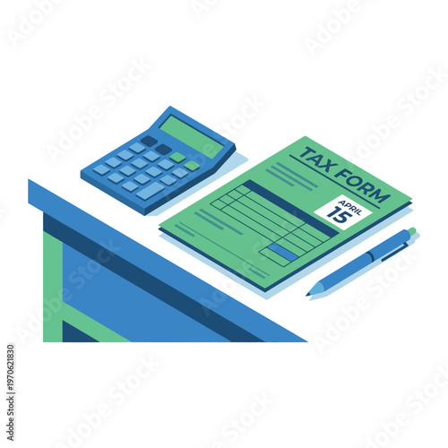 Flat design illustration of a tax form, calculator, and pen on a desk with a minimalist background, conveying finance and accounting concepts.