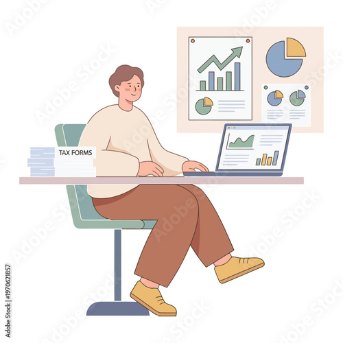 An adult man works on a laptop with tax forms and financial charts in a minimalist office setting, preparing income tax return with calculator and paperwork.