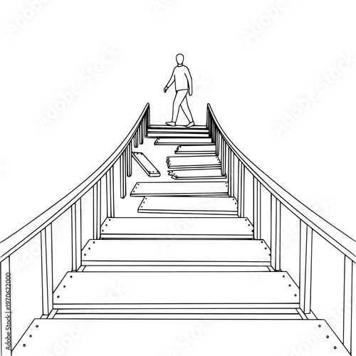 Person climbing precarious broken stairs, representing a challenging journey, overcoming adversity, and perseverance towards achieving success or reaching a goal.