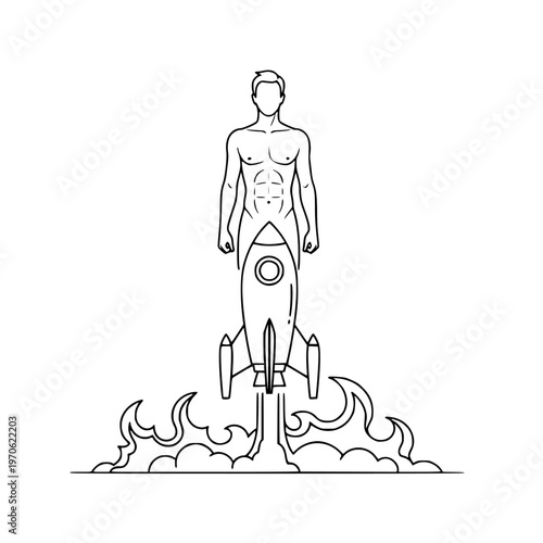 Ambitious Man and Launching Rocket: A powerful monoline illustration symbolizing strength, ambition, personal growth, and the pursuit of success and new heights.