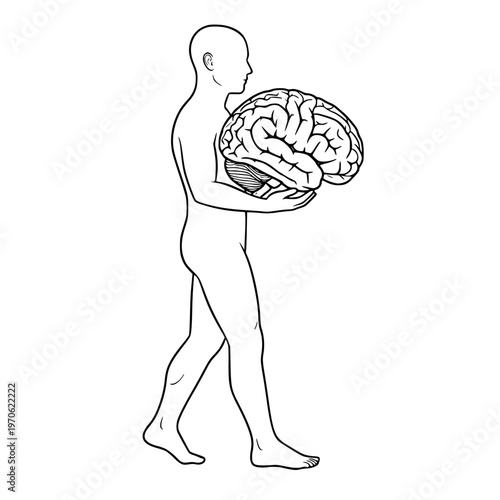 Conceptual Line Art: Human Silhouette Walking and Carefully Holding a Large Brain, Embodying Knowledge, Consciousness, and Cognitive Function.