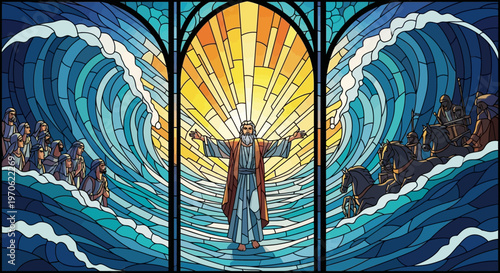 Moses parting the Red Sea stained glass artwork biblical scene