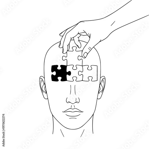 Human hand placing a missing puzzle piece into a head outline, symbolizing complex thought, problem-solving, and achieving mental clarity and understanding.