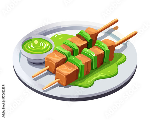 Skewers of grilled meat for outdoor barbecue party and street food stall menu and branding - Vector Illustration