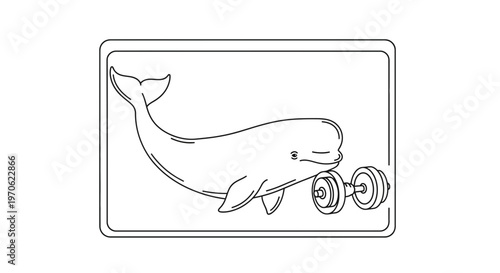 Funny whale lifting weights, cartoon style, fitness and humor concept
