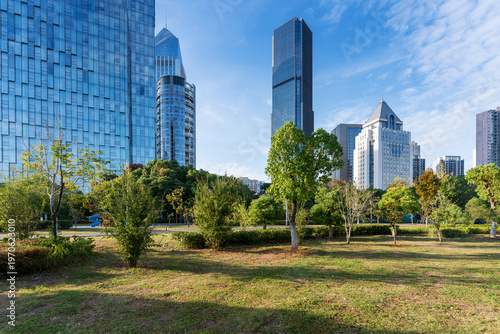 city park with modern building background in shanghai