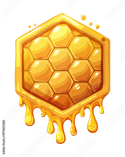 Golden hexagonal honeycomb dripping with organic sweet nectar for healthy breakfast and natural sugar substitute concept - Vector Illustration