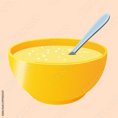 Healthy yellow soup in a porcelain bowl for organic meal planning and vegetarian restaurant menu designs - Vector Illustration