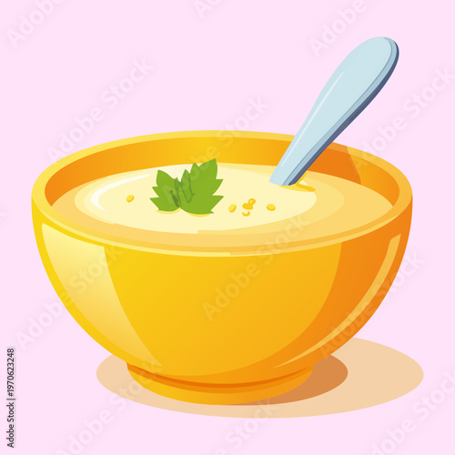 Creamy yellow potato or corn soup in a bowl for healthy vegetarian lunch and appetizer concepts - Vector Illustration