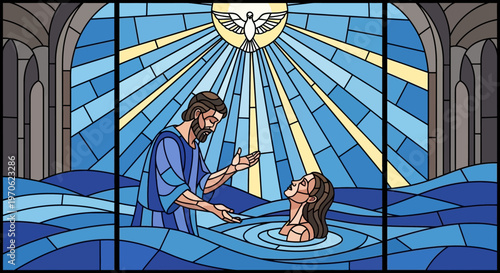 Baptism scene stained glass window Jesus Christ holy spirit dove