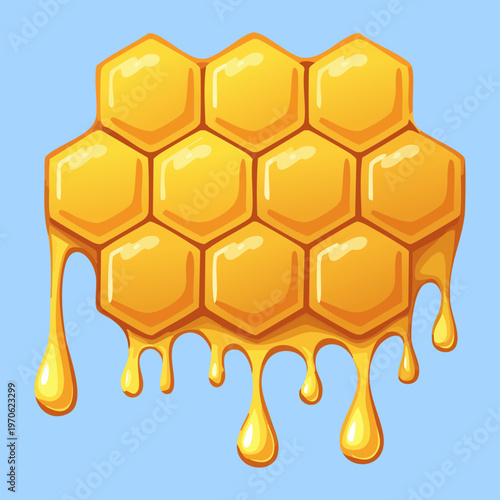 Natural golden honeycomb pattern with honey dripping for organic health and sweet dessert ingredient concepts - Vector Illustration