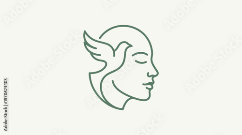 Minimalist Line Art of a Face and Dove with Wings