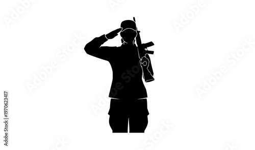 Female soldier silhouette saluting with rifle isolated on white background military tribute vector illustration