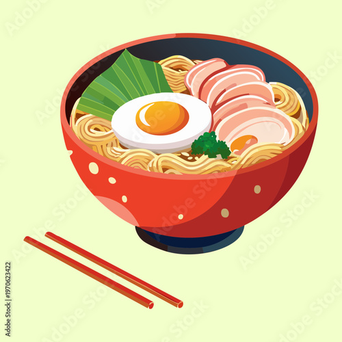 Japanese ramen noodle soup with boiled egg and garnish for oriental restaurant and dinner menu - Vector Illustration