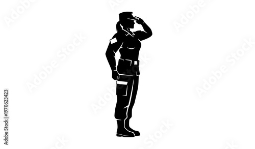 Female soldier side profile silhouette saluting isolated on white background strong military woman vector