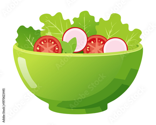Fresh green salad bowl with lettuce and tomatoes for healthy diet and organic vegetarian lifestyle - Vector Illustration