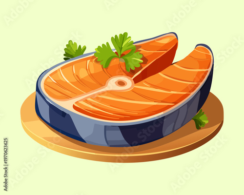 Grilled salmon fillet slice on a wooden board for seafood restaurant and healthy diet menus - Vector Illustration