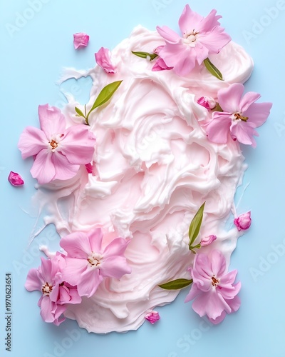 Pink flowers with creamy texture on pastel blue background, beauty and skincare concept