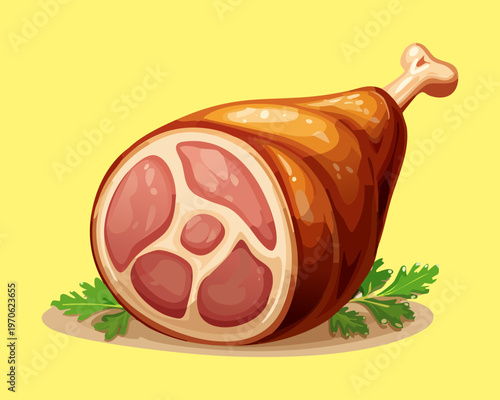 Roasted ham leg or pork gammon for festive holiday dinner and traditional butcher shop marketing - Vector Illustration