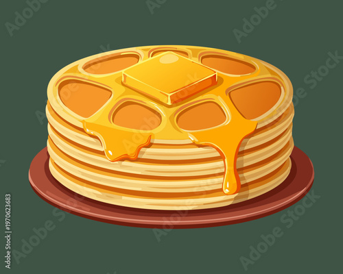Golden waffles with melting butter for sweet breakfast and bakery shop menu design in flat - Vector Illustration