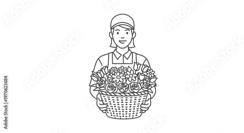 Florist Woman Holding Basket of Flowers, Delivery Service, Line Art Illustration