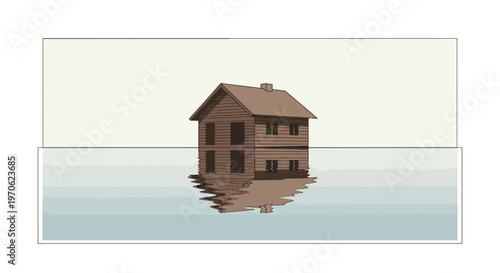 Flooded Wooden House Isolated on Calm Water Surface