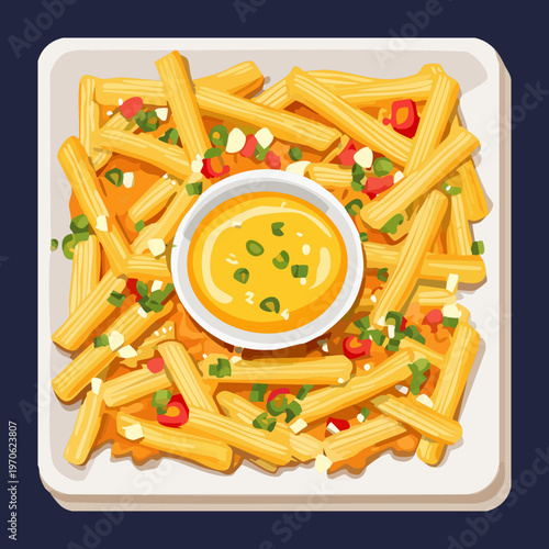 Gourmet French fries with dipping sauce for restaurant snack bar and fast food menu designs - Vector Illustration