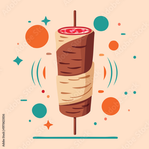 Vertical meat shawarma or kebab for Mediterranean street food restaurant and quick lunch menu - Vector Illustration