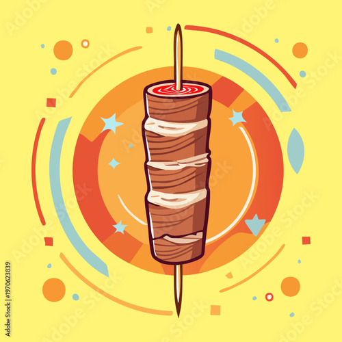 Traditional meat spit for shawarma and kebab with seasonings for Mediterranean restaurant and street food - Vector Illustration