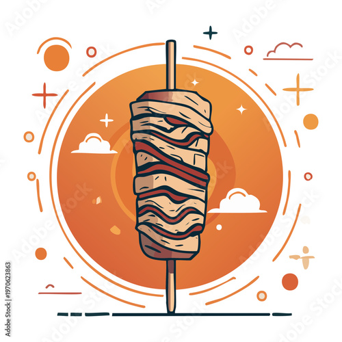Authentic meat kebab on a rotisserie for Mediterranean street food and restaurant menu marketing designs - Vector Illustration